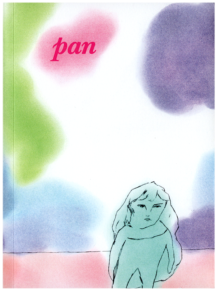 Couverture du numéro 6 de la revue pan. Une petite personne en pantalon sur le premier plan, bleue. Derrière elle, des tâches de couleurs bleues roses violettes et vertes et en haut le titre Pan.